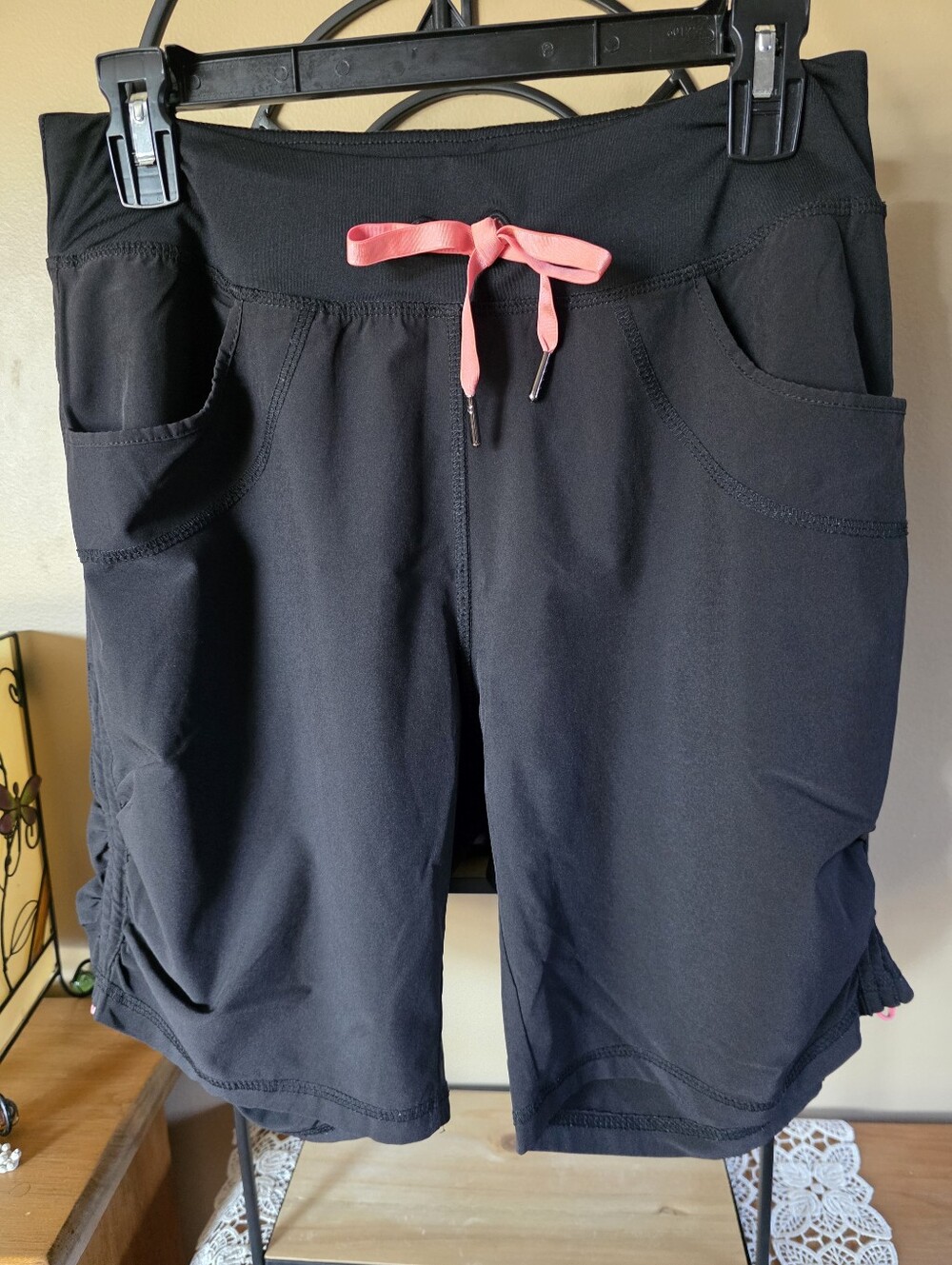 Kyodan Black Bermuda Athletic Shorts with Coral Drawstring & Ruching On Each Leg